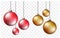 Red and golden balls with silver chain. Christmas and new year style. on transparent background