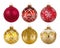 Red and golden colorful Christmas balls isolated on white background