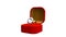 Red - goldish opened bijouterie surprise gift box with diamond wedding ring on white, isolated, fictitious design - object 3D