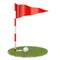 Red golf flag, golf ball and grass hole 3D
