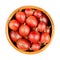 Red gooseberries in a wooden bowl, Ribes uva-crispa