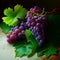 Red Grapes with Fresh Green Leaves on Table