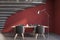 Red and gray futuristic dining room interior