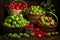 red and green apples arranged in bushel baskets