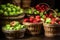 red and green apples arranged in bushel baskets