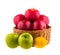 Red and green apples, and lemon in a wooden basket.