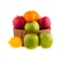 Red and green apples and lemons in a wooden basket,