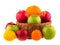 Red and green apples, oranges and lemons in a wooden basket