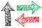 Red, green and black grungy hand drawn arrows set as direction signs made with hand pen pencil with rough outline stroke