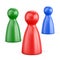 Red, green and blue board game pawns isolated on white background