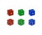 Red, green and blue cubes in different positions isolated on white. Dice gambling template. Vector illustration.