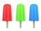 Red, green and blue ice creams on a stick