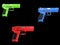 Red, green and blue modern handguns