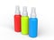 Red, green and blue unlabled spray bottles - top view