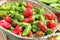 Red and Green Chili in bushel baskets for sale