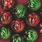 Red and green Christmas baubles. Festive texture.