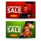 Red and green Christmas discount banners with buttons, Santa letterbox and present with Teddy bear