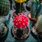 Red and green colors of different succulents and cactus in pots and tray garden