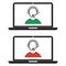 Red and green customer service icons in laptop screens