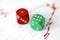 A red and green dice and a financial red trend-line