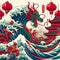 Red and green dragon in the great waves, with red lampion, ancient architecture, Japanese style