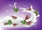 Red and Green Fig. Realistic 3d Figs Slices With Leaves Splashing Milk. Detailed 3d Illustration Isolated On Purple with Yogurt S