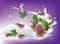 Red and Green Fig. Realistic 3d Figs Slices With Leaves Splashing Milk. Detailed 3d Illustration Isolated On Purple with Yogurt S