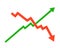 Red and green financial up and down moving arrows. Rising and falling trends