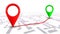 Red and green GPS navigator pointer on city map, from place to place - vector
