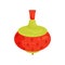 Red-green plastic spinning top. Vintage children toy. Item for play on the ground. Flat vector icon