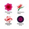 Red, green and purple perfumery brand logos set