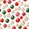 Red, green and white matte Christmas baubles decoration on white background. Seamless pattern