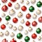 Red, green and white matte Christmas baubles decoration on white background. Seamless pattern