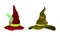 Red and green witch hats. Halloween holiday, carnival costume accessories cartoon vector illustration