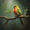 A red green yellow bird perching on a branch green tree realistic