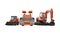 Red group of heavy machinery excavator mini paver loader front view 3d illustration on white background no shadow