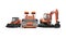 Red group of heavy machinery excavator mini paver loader front view 3d illustration on white background with shadow