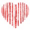 Red grunge hand drawn striped heart made of brush strokes. Distressed rough scarlet stripes.Symbol of love and valentine`s day. Ve