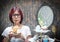 Red hair asian nerdy girl having chocolate shake