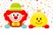 Red Hair Clown And Yellow Ballon Holding Banner Streamers Confetti