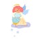 Red hair girl angel with white wings gives snowflakes