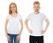Red hair girl and man in white t-shirt set isolated copy space, white t shirt collage male and female