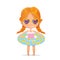 Red Hair girl Wearing sunglasses in inflatable circle. Child Relax at Summer. Pool Party with Inflatable Ring. Beach