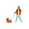 Red hair man speaks on phone and walks dog. Pretty guy holds phone and leads dog on leash. Male walking with pet. Young