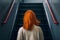 Red hair woman stairs. Generate Ai