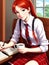 Red haired anime schoolgirl reads book