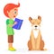 Red-haired Boy Reads Book to Jack Russell Terrier