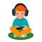 The red-haired boy is wearing headphones and holding a tablet in his hands