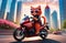 a red-haired cat with fluffy fur and glasses rides a red motorcycle on the road against the background of a summer city