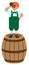 Red haired German leprechaun stands on wooden barrel and drinks beer